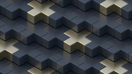 Abstract 3D render. Gold and black medical cross or x or plus. Symbols or signs. Modern pattern illustration. Background wallpaper. Health care poster or banner design. Isometric composition.