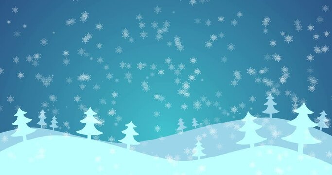Animated cartoon background with christmas trees in snowy winter