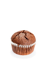 Delicious, homemade cocoa muffin with chocolate, isolated on white