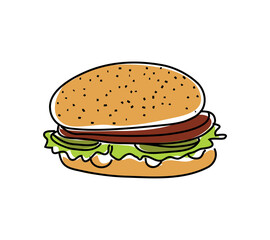 Hamburger line colour drawing. Vector illustration