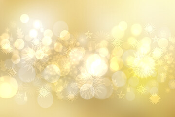Christmas card template. Abstract festive light gold yellow white winter christmas or New Year background with blurred bokeh lights and stars. Beautiful backdrop.