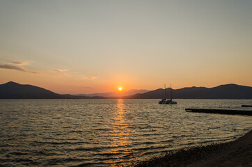 Evia island, Greece - July 01. 2020: Sunset on the island of Evia, Greece 