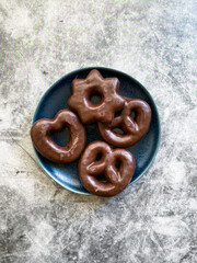 Chocolate Covered Gingerbread Cookies Heart and Star Shaped in Plate.