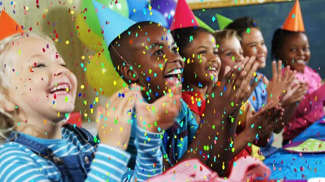 Animation of multi coloured confetti falling over children at party