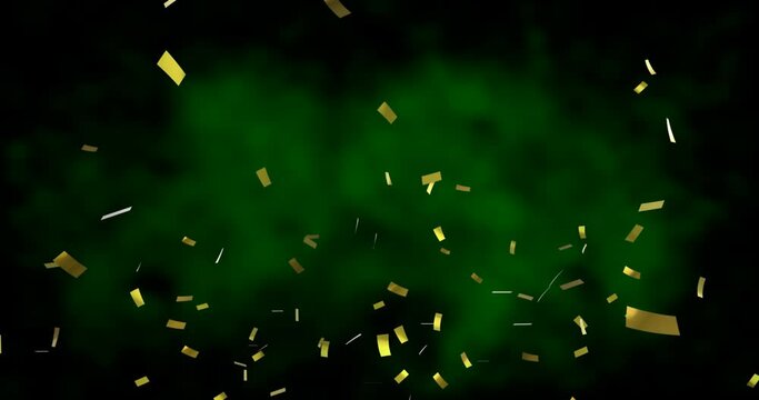 Animation of golden confetti falling over glowing green background