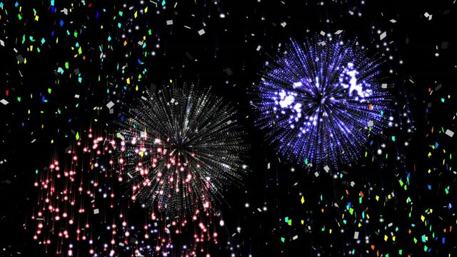 Animation of confetti and fireworks exploding on black background