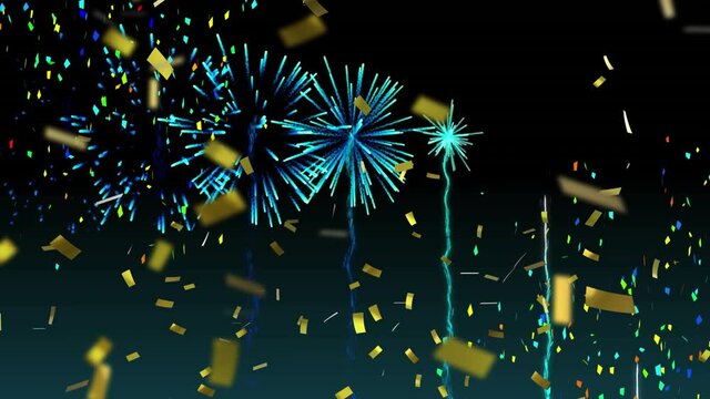 Animation of gold confetti and fireworks against black background