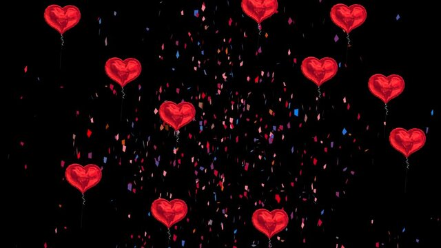 Animation of multi coloured confetti falling and red heart balloons