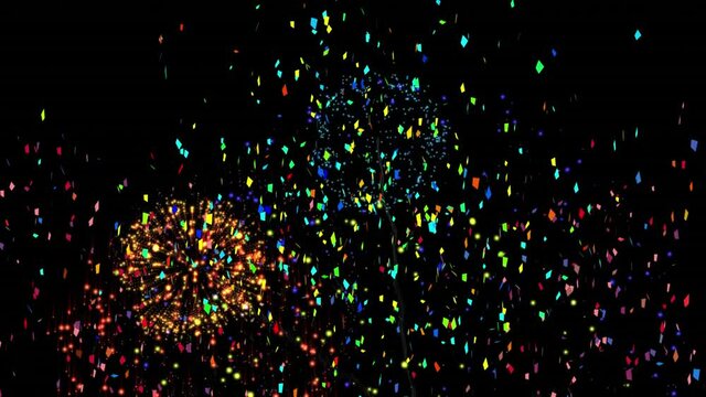 Animation of multi coloured confetti and fireworks exploding on black