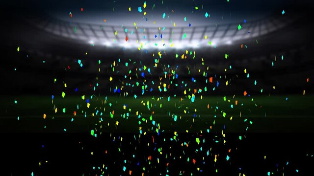Animation of multi coloured confetti falling over empty sports stadium