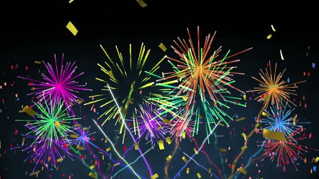 Animation of multi coloured confetti and fireworks exploding on black