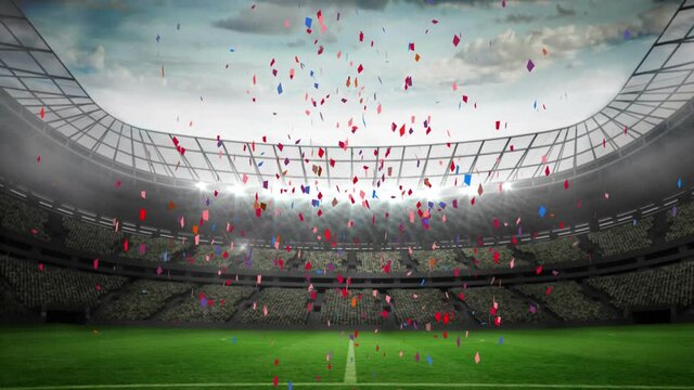 Animation of multi coloured confetti falling over empty sports stadium