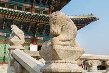 Stone horse statue in front of King's office inside of the Gyeongbokgung,  also known as Gyeongbokgung Palace or Gyeongbok Palace, the main royal palace of Joseon dynasty.