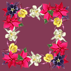 Beautiful floral pattern of Aquilegia and poinsettias. Isolated