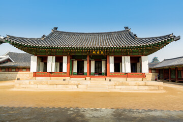 Korean wooden traditional house with black tiles in Gyeongbokgung,  also known as Gyeongbokgung Palace or Gyeongbok Palace, the main royal palace of Joseon dynasty.