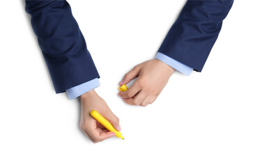 Man with marker on white background, top view. Closeup of hands