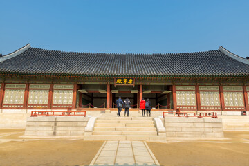 Korean wooden traditional house with black tiles in Gyeongbokgung,  also known as Gyeongbokgung Palace or Gyeongbok Palace, the main royal palace of Joseon dynasty.