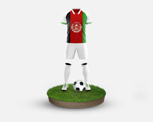 Afghanistan soccer player standing on football grass, wearing a national flag uniform. Football concept. championship and world cup theme.