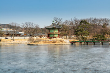 Traditional pavilion in the island of the lake in Gyeongbokgung,  also known as Gyeongbokgung Palace or Gyeongbok Palace, the main royal palace of Joseon dynasty.