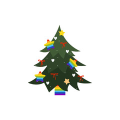 Christmas tree with lgbt elements in orange colors in flat style isolated. Vector stock illustration