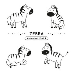 Set of doodle zebras in various poses. Collection of cute charactes isolated.