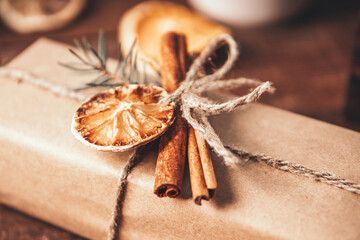  New Year's gift packed in eco-friendly materials, close up, soft focus