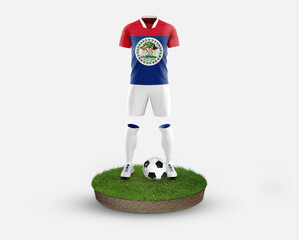 Belize soccer player standing on football grass, wearing a national flag uniform. Football concept....