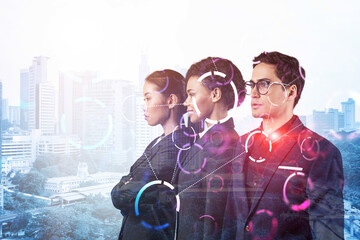 Group of business colleagues working on technology at business process to achieve tremendous growth in commerce. Worldwide process to conduct transactions. Tech hologram icons over Kuala Lumpur