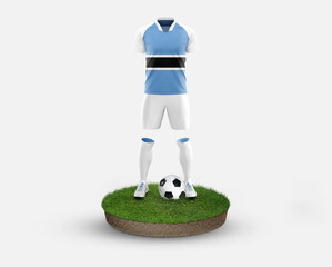 Botswana soccer player standing on football grass, wearing a national flag uniform. Football concept. championship and world cup theme.