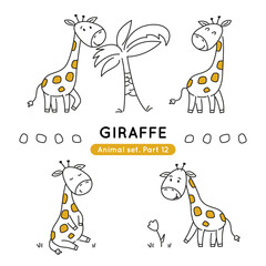 Set of doodle girafees in various poses. Collection of cute characters isolated.