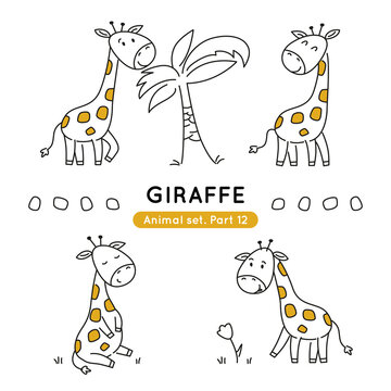 Set of doodle girafees in various poses. Collection of cute characters isolated.