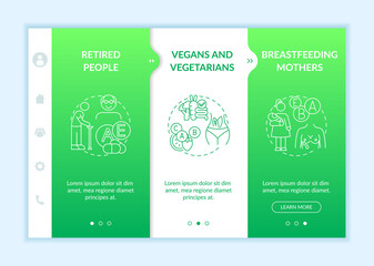 Human body needs onboarding vector template. Older adults, vegetarians, breastfeeding women. Responsive mobile website with icons. Webpage walkthrough step screens. RGB color concept