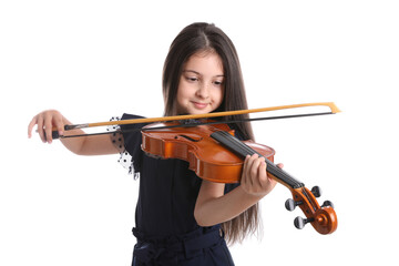 Preteen girl playing violin on white background