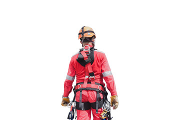 Obraz na płótnie Canvas Male rope access worker wearing full safety harness clipping Karabiner into harness loop prior to abseiling working at height construction site isolated on white background clipping paths.