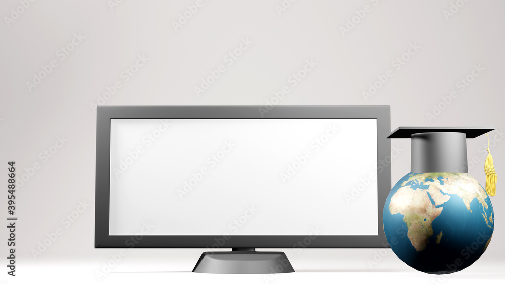 Aufkleber 3d rendering of blank white computer monitor, graduation cap and world in education isolated white b