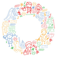 Obraz premium Kindergarten and toys. Little children game. Kids playground. Education, creativity, imagination.