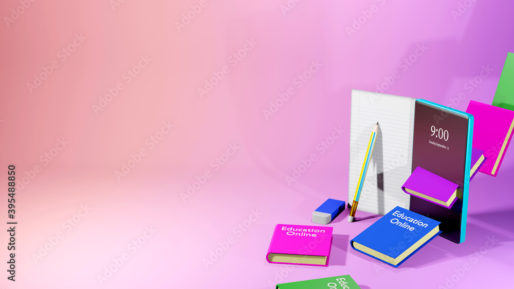 Aufkleber 3d rendering of mobile and colorful books, pencil on pink background. the future of internet learnin