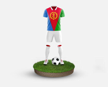 Eritrea soccer player standing on football grass, wearing a national flag uniform. Football concept. championship and world cup theme.