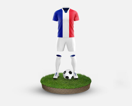 France soccer player standing on football grass, wearing a national flag uniform. Football concept. championship and world cup theme.