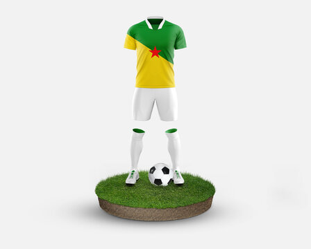French Guiana soccer player standing on football grass, wearing a national flag uniform. Football concept. championship and world cup theme.