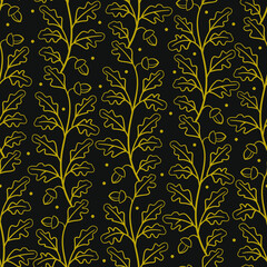 Vector seamless pattern with gold vertical oak twigs on black background; for wrapping paper, greeting cards, posters, banners, packaging.