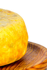 Tasty spanish omelette on a wooden tray on white background