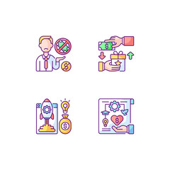 Crowdfunding issues RGB color icons set. Reward based crowdfunding. Donor exhaustion issues. For or non profit project. Isolated vector illustrations