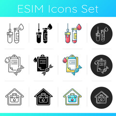 Clinical diagnostic icons set. Sterile syringe. Vacuum tube. DNA exam. At home blood test. Examination for diabetes. Linear, black and RGB color styles. Isolated vector illustrations