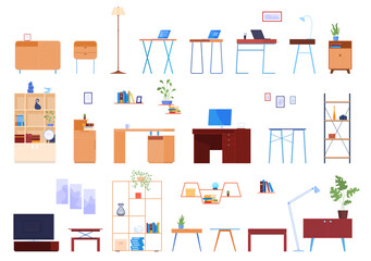 Set of furniture for an interior. Bedside tables, shelves. Cozy home furnishings. isolated vector illustration