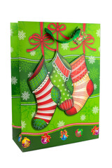 Green Christmas shopping bag made of paper decorated with Christmas socks on a white background. New year and gifts concept..