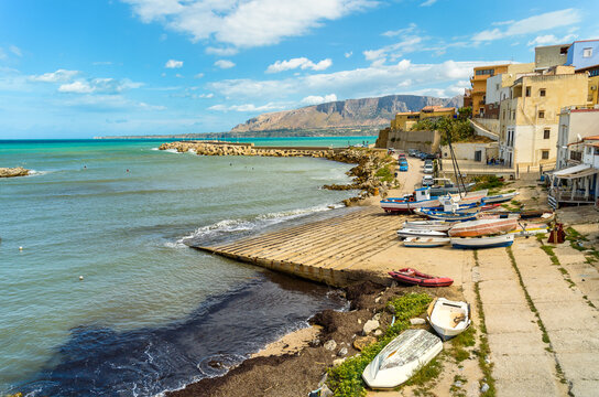 Seaside landscape with small port in Trappeto, province of Palermo, Sicily, Italy