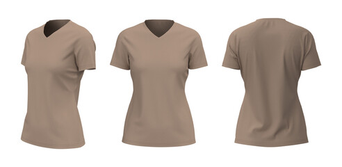 Women's v-neck t-shirt mockup, front, side and back views, design presentation for print, 3d illustration, 3d rendering