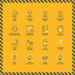 Routes of transmission, Signs and symptoms, Prevention, prohibited actions Coronavirus line icons isolated on yellow. Perfect outline symbols Covid 19 banner. design elements with Stroke line
