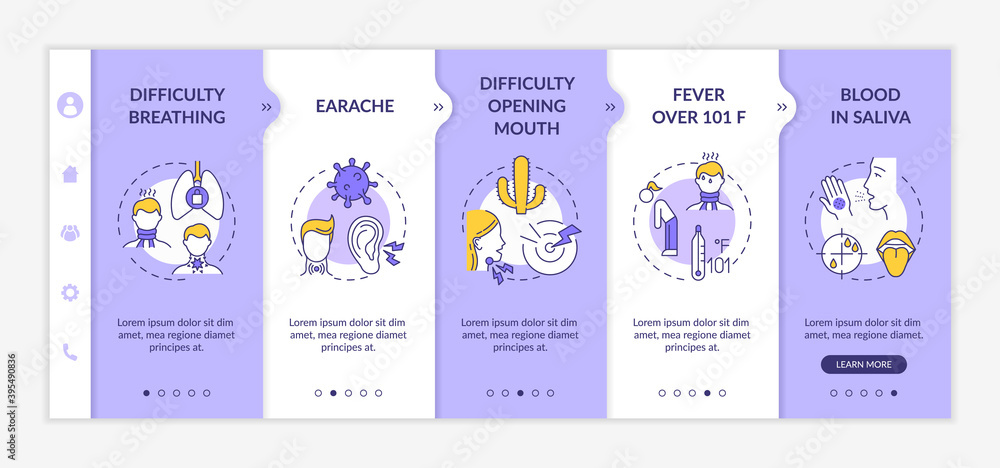 Poster throat inflammation complications onboarding vector template. difficulty breathing. earache. fever o